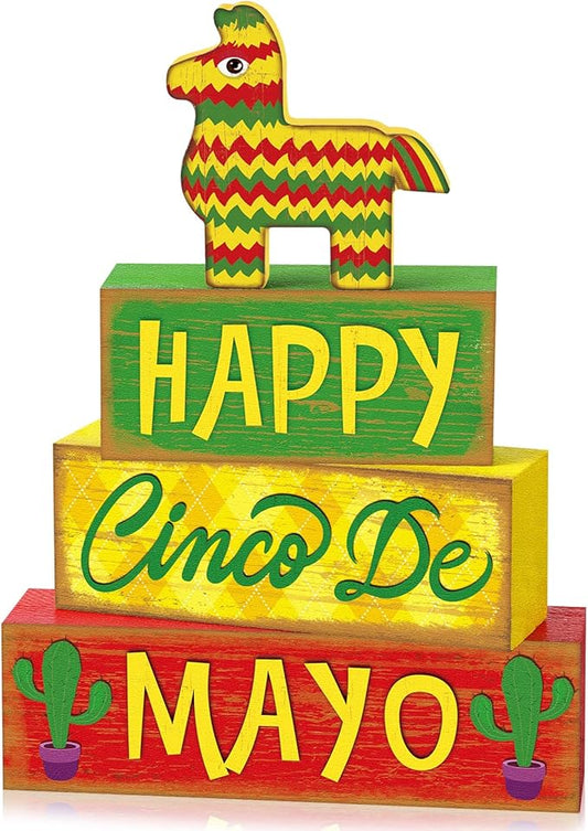 Marsui 4 Pcs Cinco De Mayo Decor Wooden Mexican Tabletop Decorations Rustic Fiesta Tiered Tray Decor Decorative Wooden Donkey Pinata Block Sign Farmhouse Mexican Table Centerpiece for Home Decorations