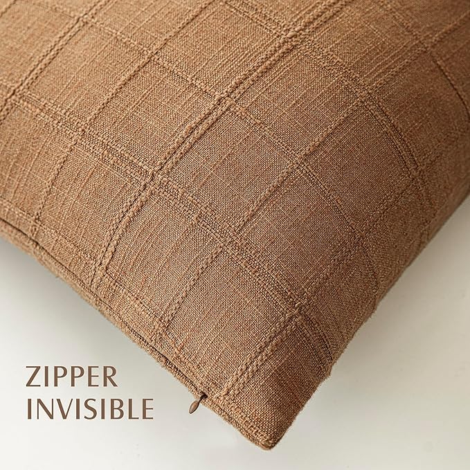 Foindtower Set of 2 Decorative Linen Check Throw Pillow Covers Neutral Farmhouse Vintage Cushion Covers Modern Boho Home Decor for Sofa Chair Couch Bedroom Living Room,22×22 Inch,Brick