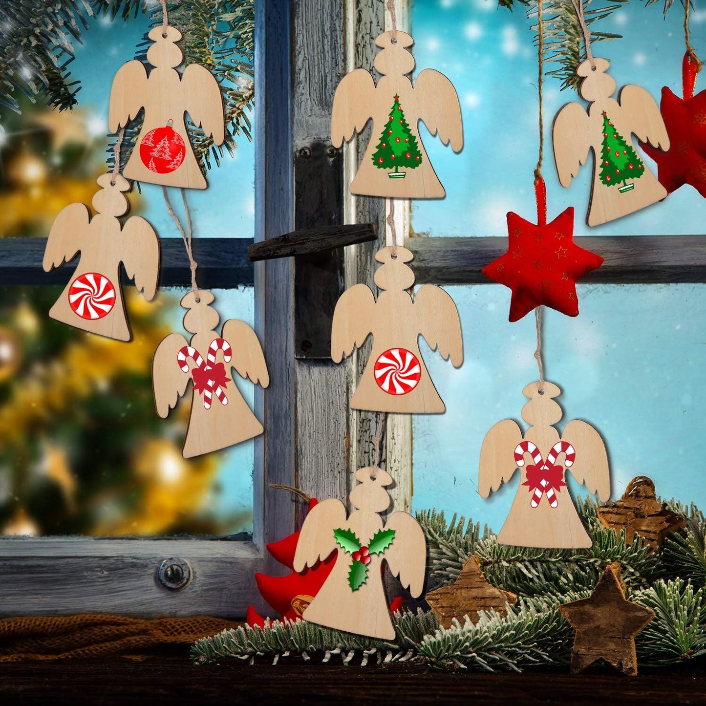 Blulu 60 Pieces Christmas Wooden Ornaments Round Wood Slices Snowflake Angel Shape with Cords for DIY Crafts New Year Christmas Tree Pendant Ornaments