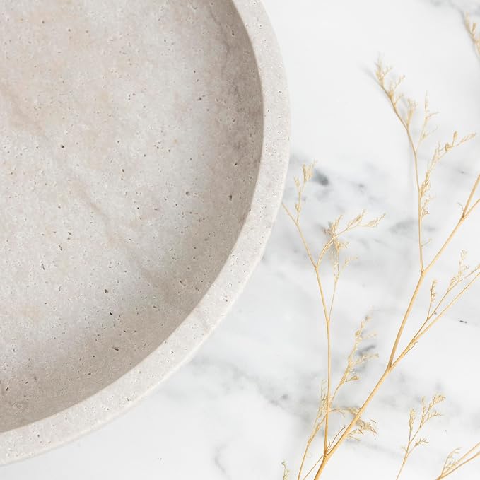 Shelf & Nook Travertine Decorative Bowls for Home Decor. Key Bowl for Entryway Table in a Choice of 5 Colors (White/Gray, Large)