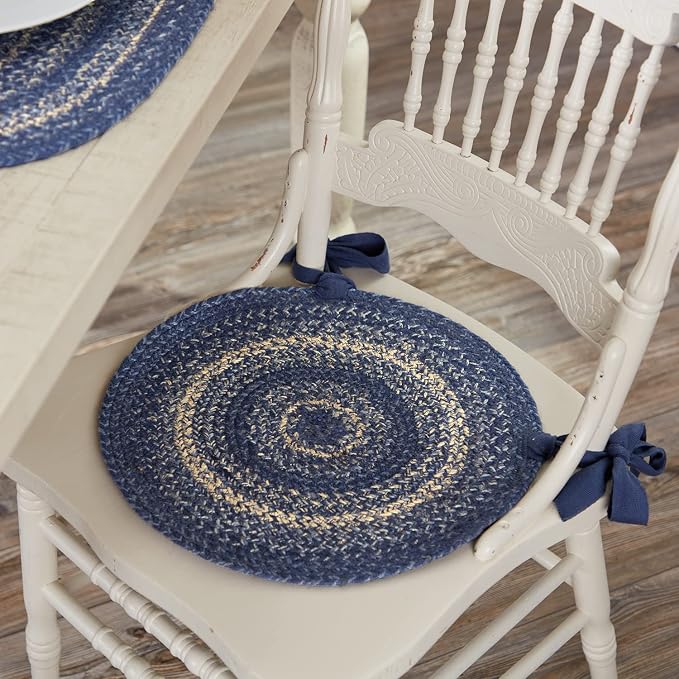 VHC Brands Great Falls Blue Round Seat Cushion Chair Pad, Blue White, Jute Blend with Ties, Set of 4, 15x15 Inches