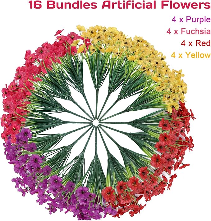 Geegoods Artificial Mums Flowers for Outdoors, 16 Bundles UV Resistant Fake Plastic Colorful Mix Flowers for Patio Porch Spring Summer Decor