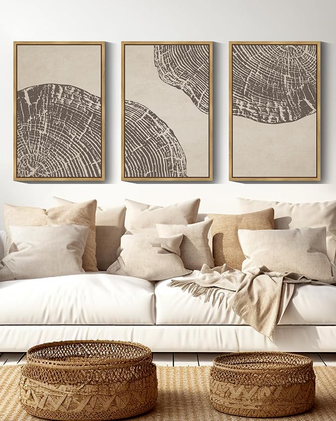 PHOPAGO Farmhouse Vintage Framed Wall Art Large 16x24in Set Gray Wood Tree Ring Spirals Nature Abstract Drawings Rustic Modern Art Decor for Living Room Bedroom - Natural Framed