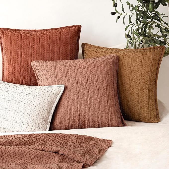 Foindtower Set of 2 Decorative Cotton Waffle Weave Throw Pillow Covers Euro Shams Cushion Covers Accent European Pillowcase for Bed Couch Sofa Bedroom Living Room Home Decor 20×20 Inch Coral Pink