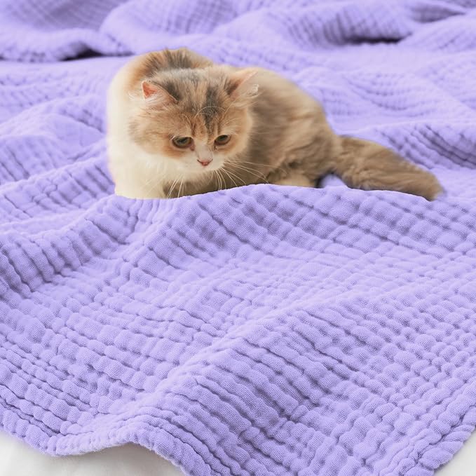 Carriediosa 100% Cotton Muslin Throw Blanket 108" X 90" King Size，4-Layers Summer Gauze Throws for Bed Couch，Soft Lightweight Breathable Linen Blankets Bedspread for Adults All Season，Light Purple