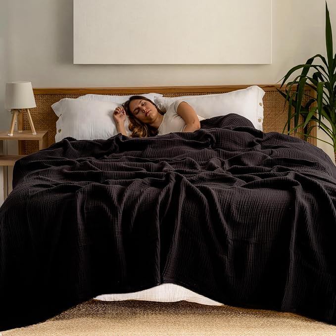 Muslin Blanket - Pure 100% Turkish Cotton Airy Soft Light Versatile Gauze Throw Blanket for Bed, Couch, Sofa (Black, Twin XL Size (71" x 95" inch))