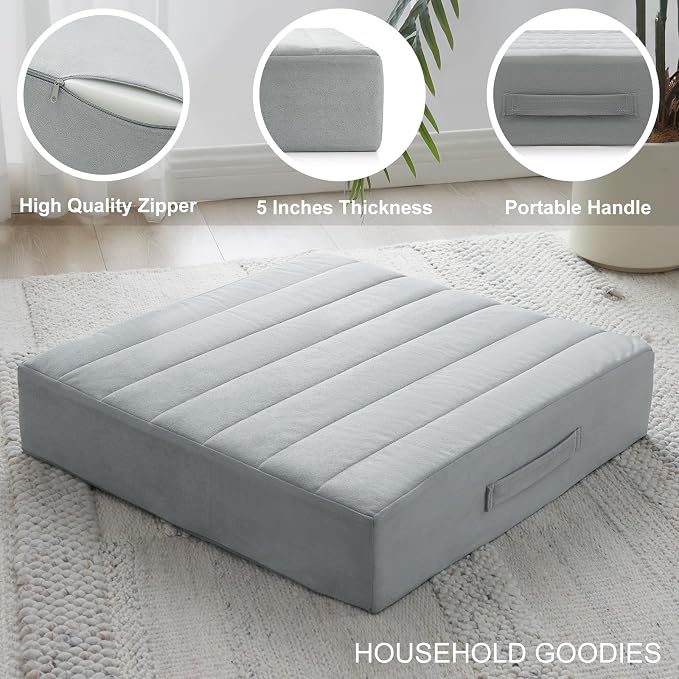 JKMAX 2 Pcs High Density Foam Floor Pillow - Upgraded Large Pillows Seating for Adults - Outdoor Floor Cushion with Soft Tufted Cover - Yoga Pillows for Sitting On Floor - 22 Inch Light Gray