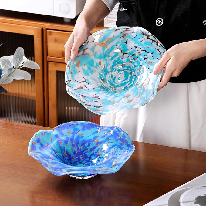 Hand Blown Murano-style Art Glass Bowl, 10.2-Inch Large Decorative Centerpiece for Table, Cobalt Blue Fruit Display & Kitchen Counter Decor