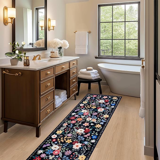 Runner Rug for Entryway: 2x5 Kitchen Rugs Non Slip Washable Ultra-Thin Soft Floral Carpet Indoor Floor Stain Resistant Carpets for Hallway Bedroom Kitchen Laundry Bathroom Dorm Black