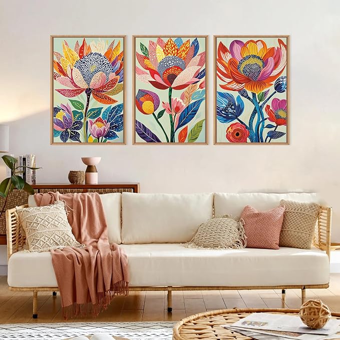 HPINUB Abstract Botanical Floral Framed Canvas Wall Art Set,Colorful Dot Art Modern Flower Wall Decor,Vibrant Blooming Flowers Artwork Eye-Catching Boho Art Print for Living Room,Bedroom-24 x36 x3