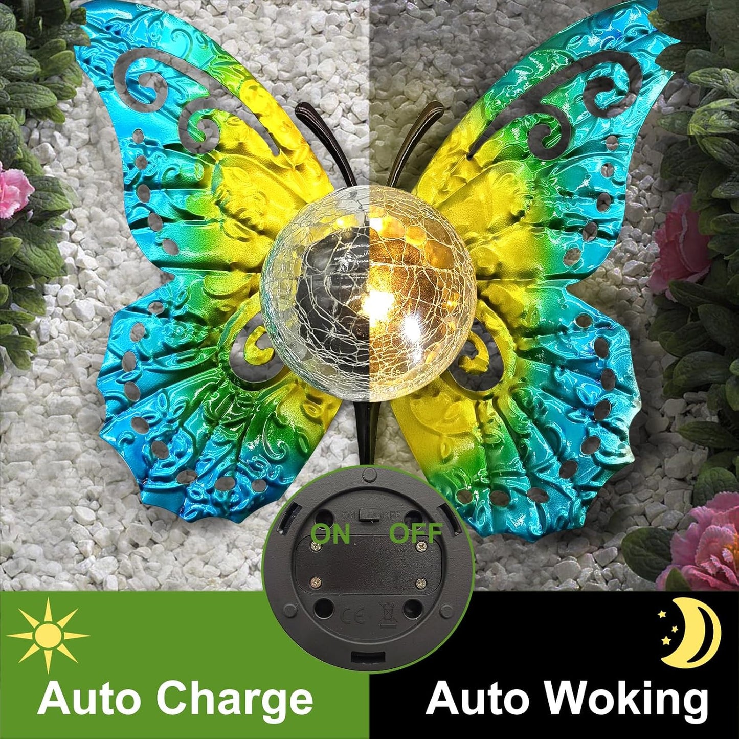 Solar Lights Outdoor Garden Butterfly Decor, Metal Butterfly Statue Decoration with LED Crackle Glass Globe, Solar Powered Lighted Garden Art Decor for Patio Lawn Yard Pathway Tabletop Ground