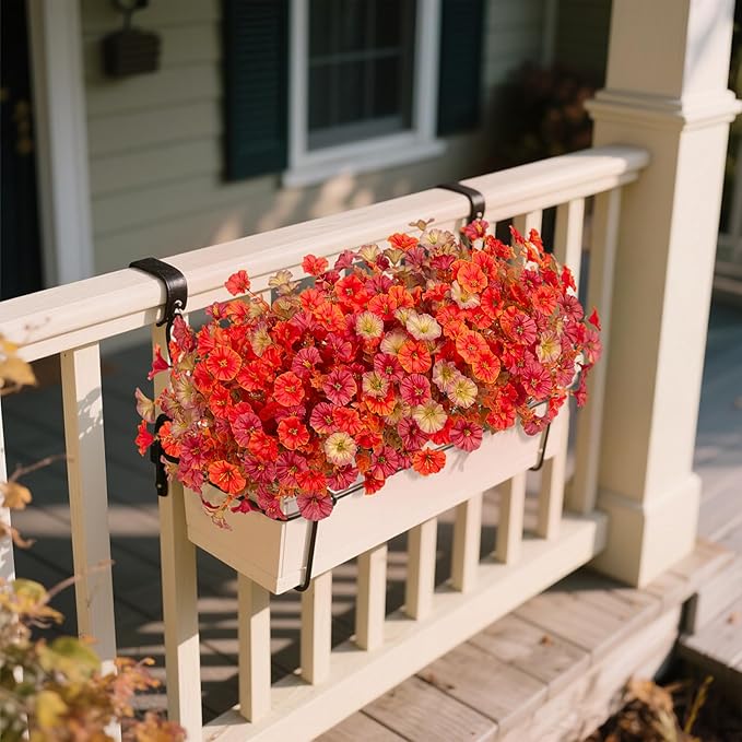 Hrobek Fall Artificial Flowers for Decoration, 12 Bundles Fake Autumn Flower Plants Petunias, Faux Silk Morning Glory Eucalyptus for Planter Garden Porch Front Door Window Box, Red Orange