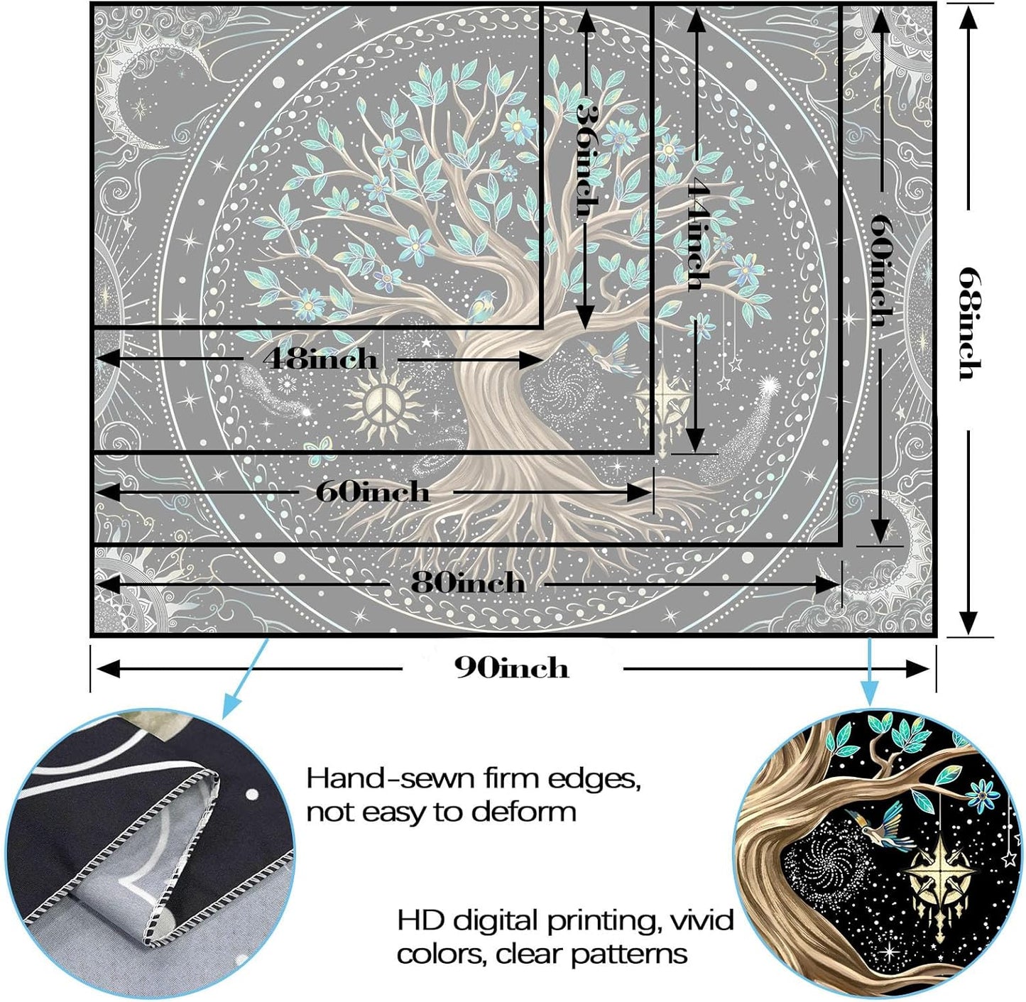 Lunerfex Tree of Life Tapastry Butterfly Moon Tapastry Flower Green Tree Tapestries Mandala Wall Hanging for Bedroom and Living Room Decor 70×90 Inches