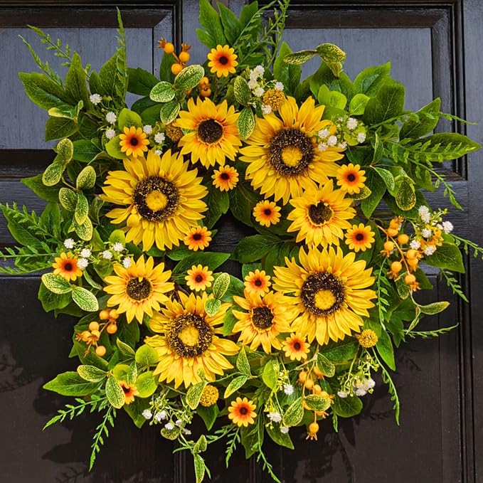 Sunflower Wreath for Front Door, 24–26 Inch Spring & Summer Wreath with Lifelike Sunflowers, Handmade Outdoor Wreath for Front Door, Spring Home Decor