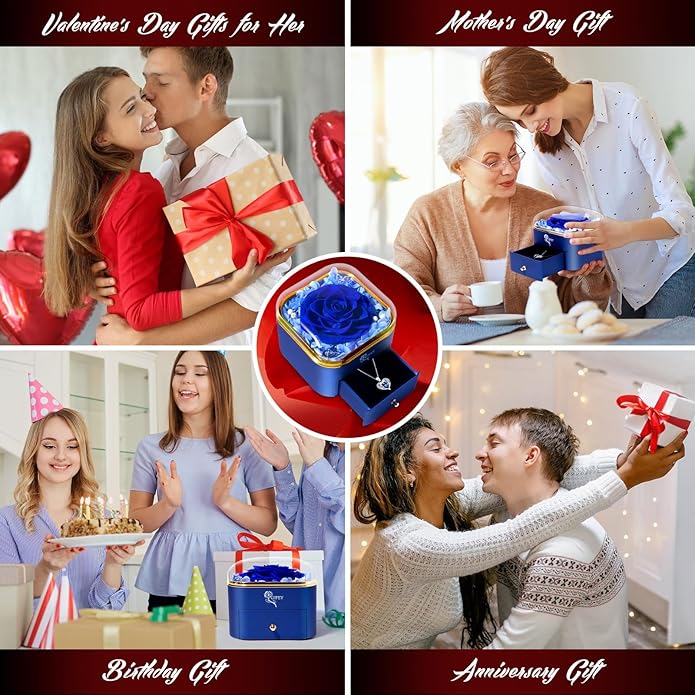 Valentines Day Gifts for Her - Preserved Real Blue Rose with Heart Necklace, Forever Flowers Gifts for Mom Grandma Wife Girlfriend at Christmas, Valentines, Mothers Day, Anniversary or Birthday Gifts for Women to Send Love