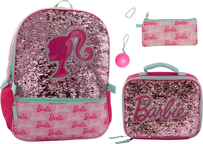 AI ACCESSORY INNOVATIONS Barbie 4 Piece Backpack Set, Sparkle & Shine with this Magic Flip Sequin School Bag for Girls with Zip Front Pocket, Pink