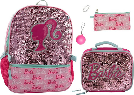 AI ACCESSORY INNOVATIONS Barbie 4 Piece Backpack Set, Sparkle & Shine with this Magic Flip Sequin School Bag for Girls with Zip Front Pocket, Pink