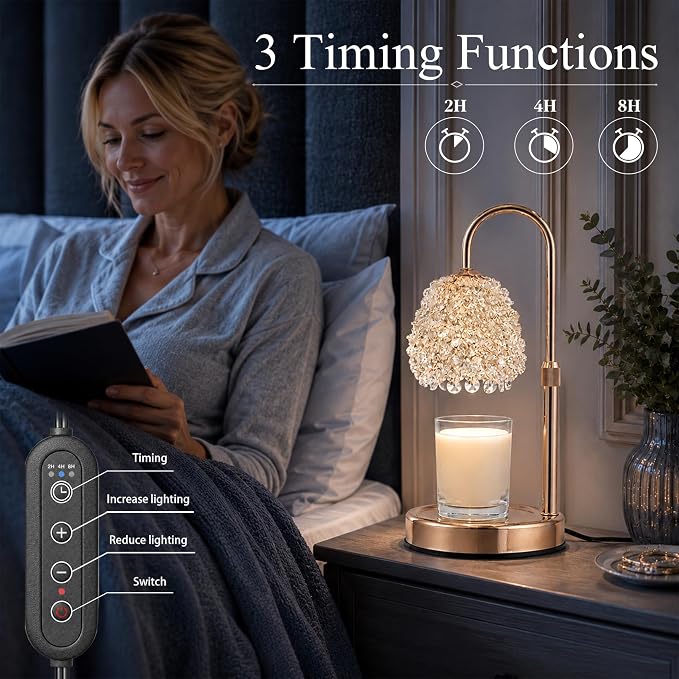Candle Warmer Lamp with Timer & Dimmer, Adjustable Height Candle Lamp, Hand-Embedded Glass Crystal Lampshade, Valentine’s Day Gifts for Women/Mom, Wax Warmer for Home Decor (Rose Gold)