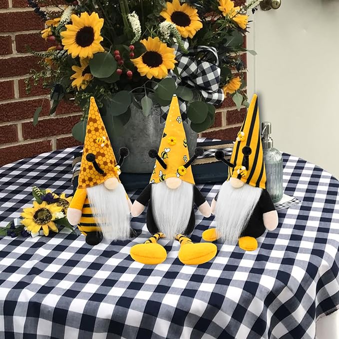 Bumble Bee Gnomes Spring Decor, 3Pcs Rustic Farmhouse Decor Indoor for Home Office Party Spring Gnomes Table Decorations, Summer Honey Bee Themed Gifts