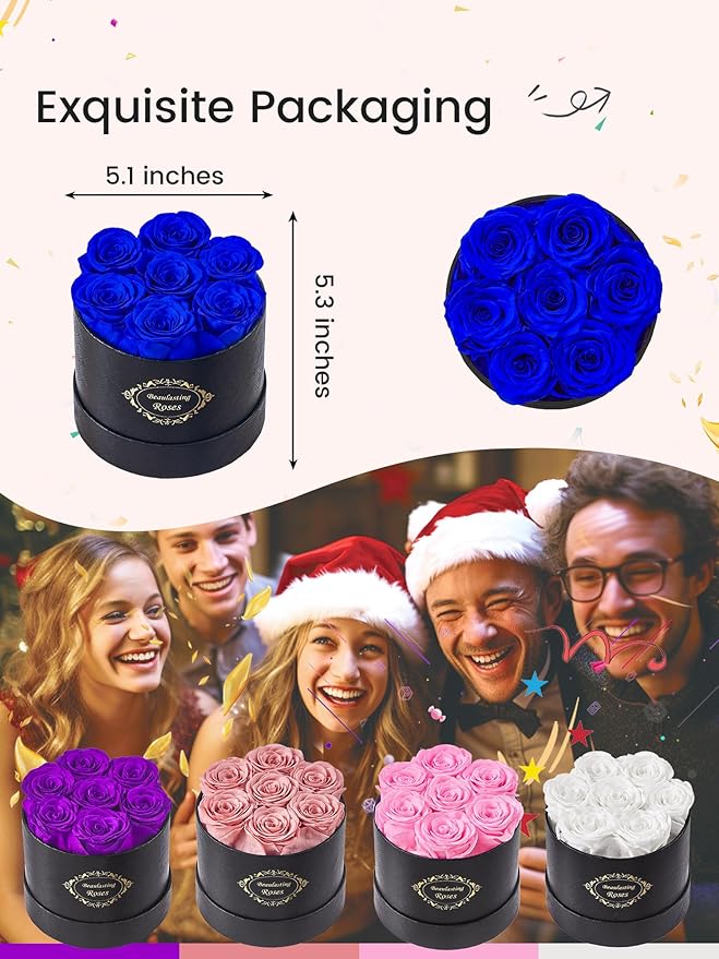 Beaulasting Long Lasting Preserved Roses in a Box Last a Year Forever Flowers for Her Mom Wife Anniversary Birthday (Round Black Box, Royal Blue)
