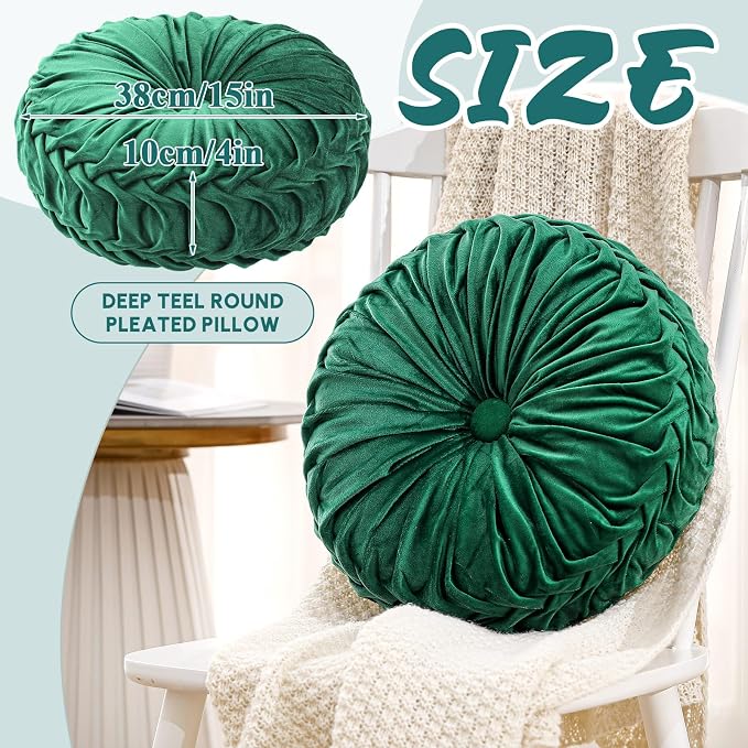 Drydiet 1 Pcs Round Throw Velvet Pillows Decorative Pleated Throw Pillows Diameter Accent Pumpkin Boho Chair Cushion for Couch Sofa Home Decoration (Deep Teal,15'')