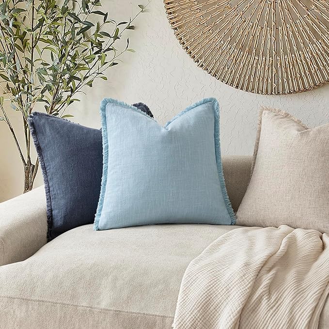 Foindtower Set of 2 Decorative Linen Fringe Throw Pillow Covers Cozy Boho Farmhouse Cushion Cover with Tassels Soft Accent Pillowcase for Couch Sofa Bed Living Room Home Decor,18×18 Inch,Light Blue