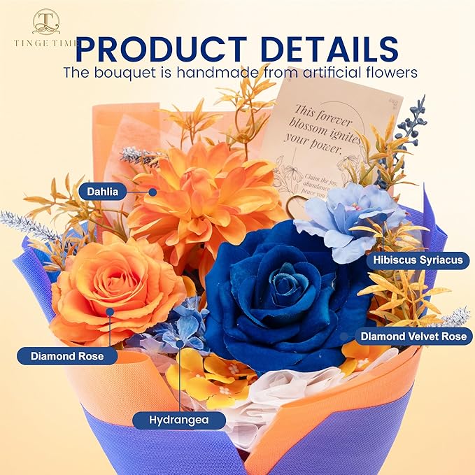 TINGE TIME Preserved Flowers Bouquet, Orange & Navy Blue Roses Gift Bouquet, Eternal Roses Bouquet for Wedding, Table Centerpieces, Mothers Day, Birthday Gifts, Anniversary, Graduation
