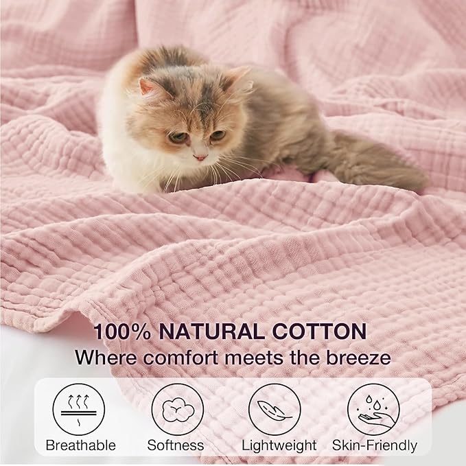 100% Cotton Muslin Blanket California King 120" x 90", 6 Layers Breathable and Lightweight Oversized Blankets for Bed, Soft Cooling Gauze Blanket for Adults All Season, Dusty Pink