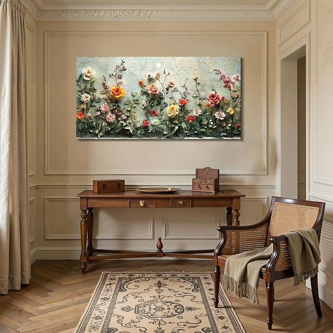 imjiayu Oversized Wall Art, Floral Wall Decor, Vintage Wall Art, Romantic Rose Painting, French Country Flower Botanical Prints, Elegant Big Pictures for Living Room Dining Room Farmhouse 29"x57"