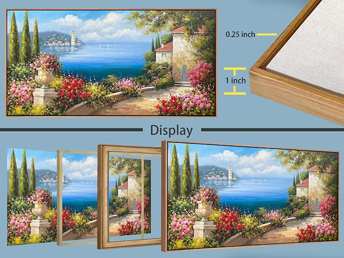 Arjun Extra Large Wood Framed Landscape Wall Art Canvas Living Room, Hand Painted Seascape Painting Bedroom Flower Blue Ocean Picture Artwork Home Office Wall Decor 58"x29"