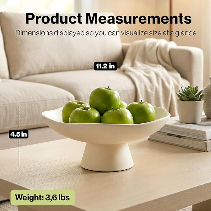 EDELHAUS Modern Concrete Fruit Bowl for Kitchen Counter – Cream White Decorative Pedestal Bowl, 11.2” Wide Minimalist Fruit Tray for Home Décor, Table Decor, Entryway Key Bowl