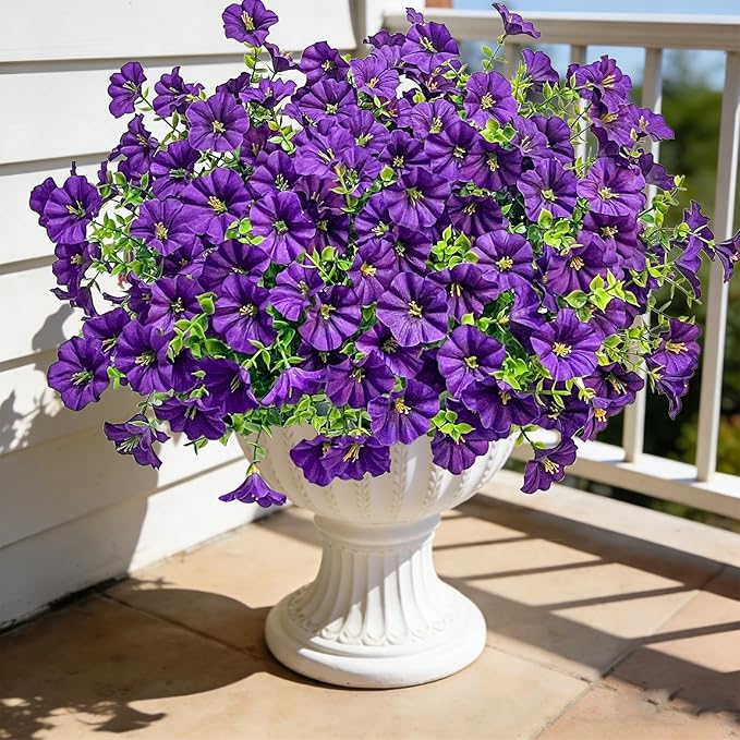 Ouddy Decor 24 Bundles Artificial Flowers for Outdoors, Fake Petunias Flowers Silk Morning Glory with Eucalyptus Faux Plants for Indoor Outside Spring Summer Yard Garden Porch Home Decor, Purple
