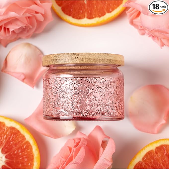 4 oz Pink Mandala Glass Candle Jars with Bamboo Lids, 18 Pack | Patented Embossed Design, Includes Wick Centering Devices & Warning Labels, Multiple Color Options