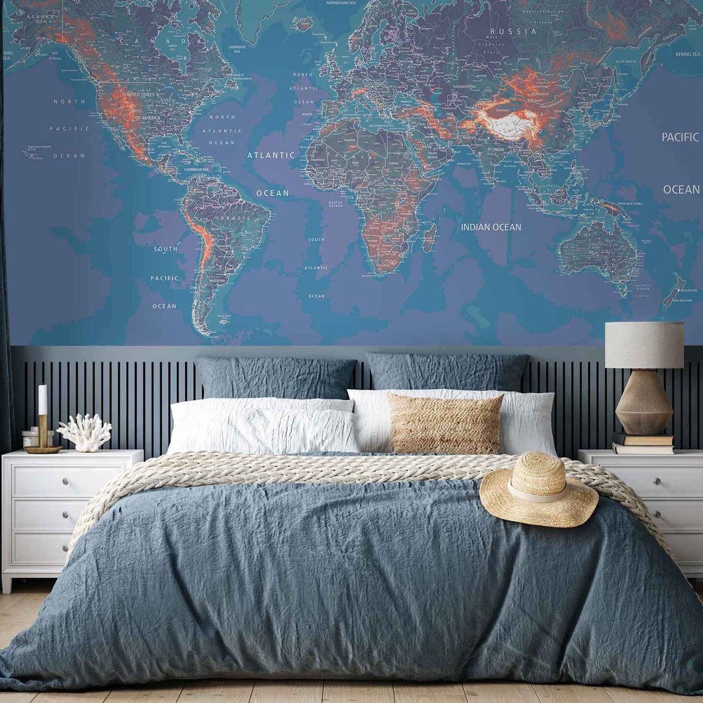 artgeist Premium Wall Mural World Map 98x69 in - XXL Non-Woven Wallpaper Fleece Wall Decor Photo Print Picture Image Design Home Map of The World k-A-0061-a-d