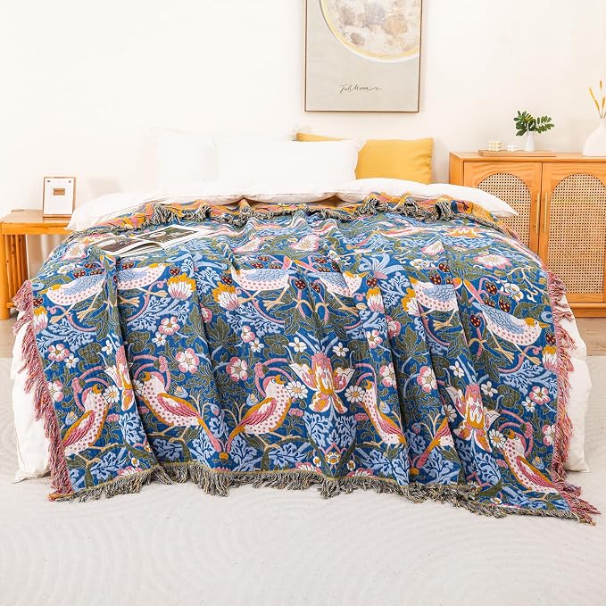 Boho Cotton Muslin Twin Size Bed Throws,100% Cotton Rustic 4 Layer Reversible Bid and Floral Woven Washable Breathable Decor Blanket 60"×80" for Couch Sofa All Seasons,Blue &Yellow