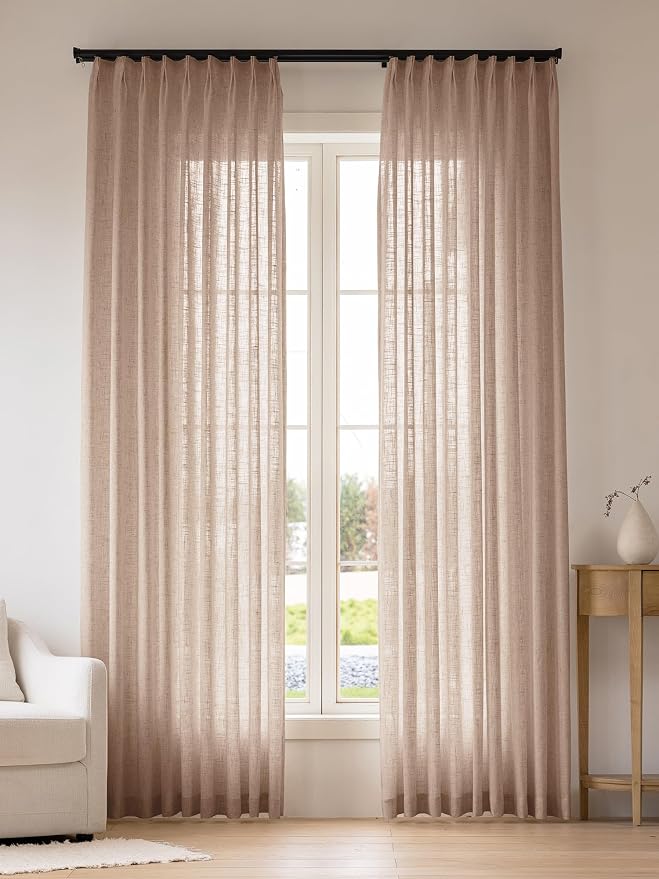 THREE GIRLS Liz Pinch Pleated Linen Curtains Light Filtering Curtains for Living Room, Farmhouse Window Curtains for Bedroom, Modern Drapes with Hooks and Rings, 90 Inches Long, Tapioca, 2 Panels Set