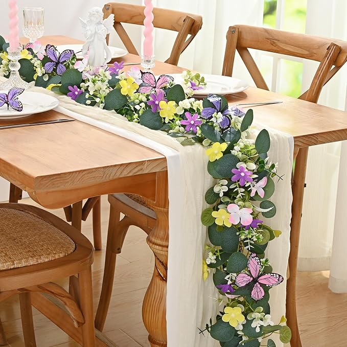 Waipfaru 2Pcs Eucalyptus Garland with Daisy 3D Butterfly, Green Garland with Flowers, 5.9FT Artificial Faux Eucalyptus Leaves Vines for Table Mantle Home Wedding Party Indoor Outdoor Decor