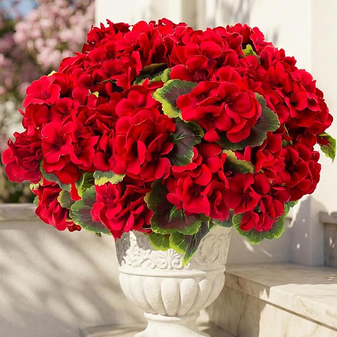 lovemoon 32 Pcs Artificial Geranium Plant Realistic Silk Flowers for Outside Bulk UV Resistant Faux Geraniums Flowers for Indoor Outdoor Home Garden Office Decoration(32, Red)