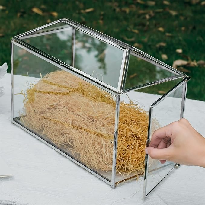NCYP 12.6" x 5.9" x 9" Wedding Glass Cards Box with Slot and Lock, Thanks Card Holder for Keepsake, Envelops, Reception, Decorative, Silver (Glass Box Only) Slot Length 7.3 Inches