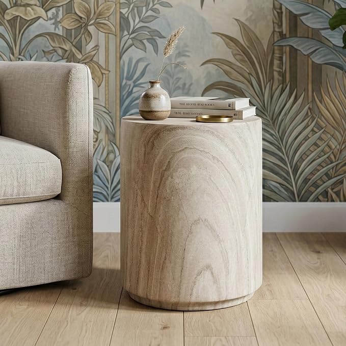24/7 Shop at Home Ranera Modern 14-inch Natural Stone Side Table with Round Drum Base, Marble Nightstand, Patio End Table, for Living Room, Covered Outdoor Spaces, Balcony, Beige Travertine