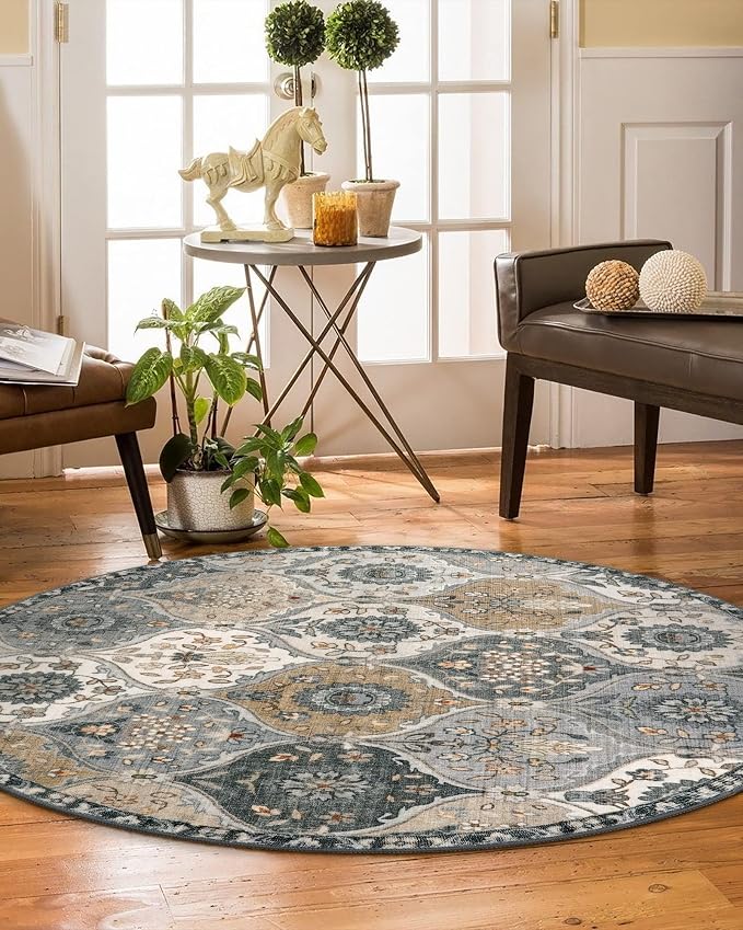Lahome Moroccan Washable Round Rugs, Soft Vintage Round Rug 4ft, Distress Circle Carpet for Entryway Bathroom Bedroom, Non Slip Low Pile Stain Resistant Accent Rug Elise, Grey