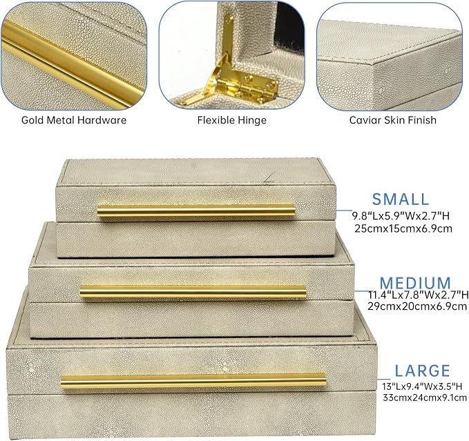 DECOR4SEASON Faux Shagreen Decorative Storage Boxes – Set of 3 Stackable Jewelry Organizers with Gold Metal Handles & Velvet Lining, Modern Ivory White Box for Vanity, Entryway & Coffee Table Décor