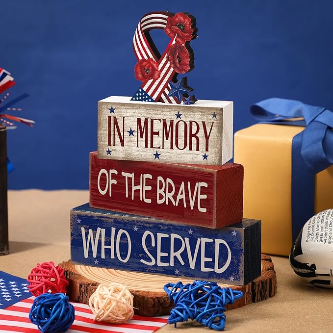 CroBlissful 4 Pcs Memorial Day Table Decorations Patriotic Tabletop Decorations Red White Blue Fourth of July Table Centerpieces Sign for Office Tiered Tray Home Shelf 250th Anniversary