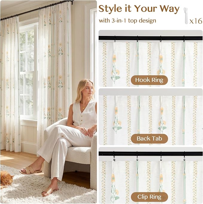 THREE GIRLS Floral Pinch Pleated Light Filtering Curtains 84 Inches - Printed Linen Blend Drapes for Living Room, Bedroom, Dining, Modern Farmhouse with Hooks, 2 Panels Set, 40" W x 84" L Yellow