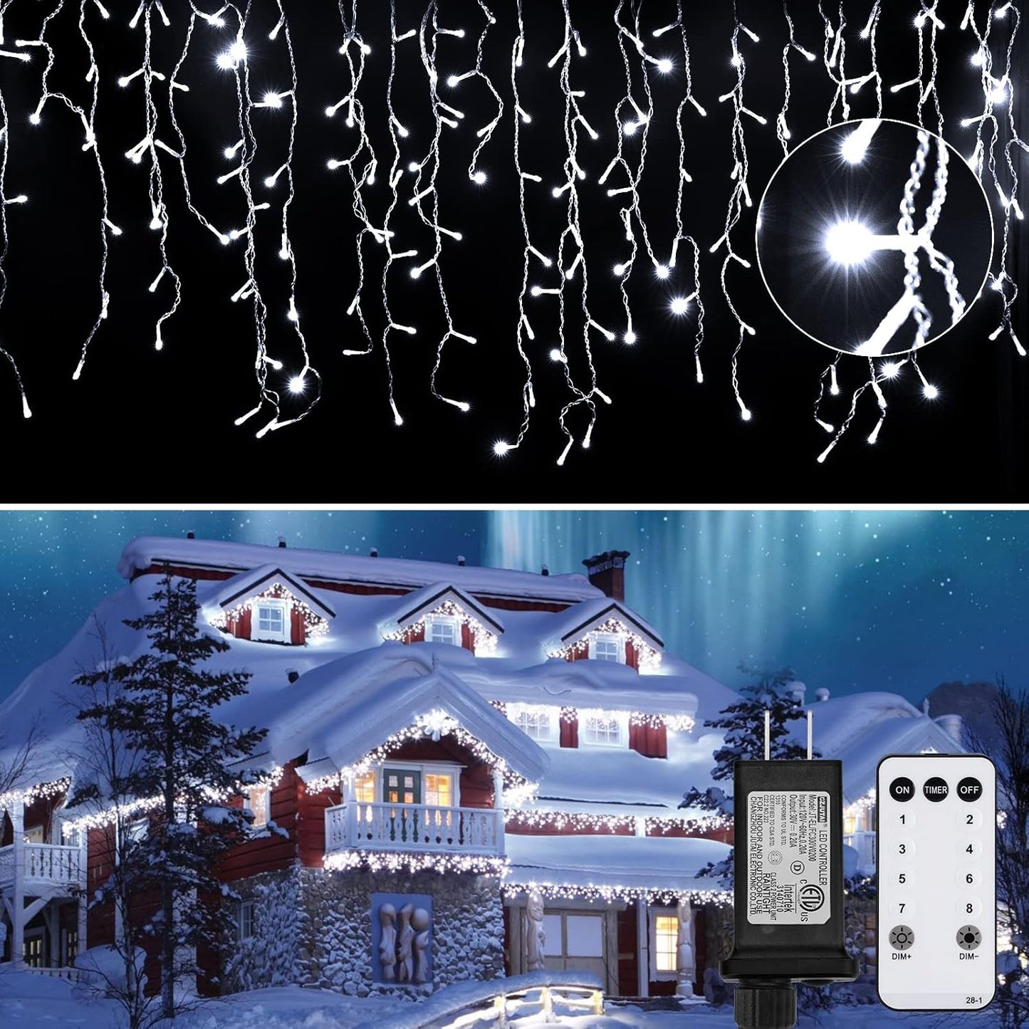 Brightown Icicle Lights Outdoor: 2 Packs, 132Ft with 276 Drops, 1472 LED Icicle Lights with Timer for House Eaves and Wedding, Pure White