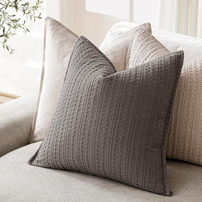 Foindtower Set of 2 Decorative Cotton Waffle Weave Throw Pillow Covers Euro Shams Cushion Covers Accent European Pillowcase for Bed Couch Sofa Bedroom Living Room Home Decor 20×20 Inch Taupe Gray