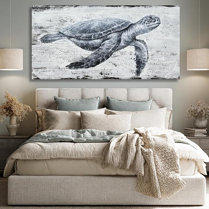 Hue7Art Marine Life Turtle Wall Art Canvas Ocean Wildlife Illustration, Retro Coastal Style Painting for Living Room Bedroom Bathroom Seaside Wall Decoration 29x58 Inch