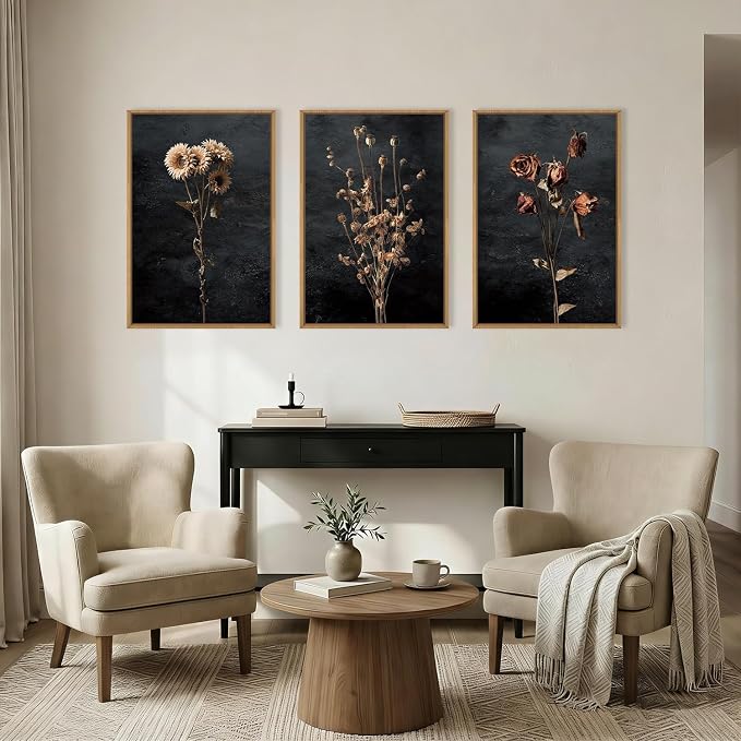 Large Moody Dark Floral Framed Canvas Wall Art Set,Vintage Mid Century Dried Flower Wall Decor,Modern Boho Wildflower Botanical Artwork for Living Room,Bedroom,Farmhouse- 24"x36"x3