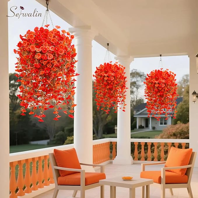 Serwalin 4PCS Artificial Fall Flowers for Outdoors, UV Resistant Fake Silk Artificial Hanging Plants Outdoor for Porch Patio Balcony Outdoor Planter Garden Yard Fall Decor(Orange&Red,4PCS)