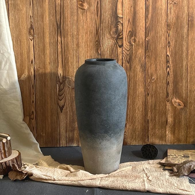 Ceramic Rustic Farmhouse Vase, 15 Inch Black Handmade Pottery Flower Vase for Home Decor, Rustic Living Room Decor, Wedding Gifts, Shelf & Table Decoration